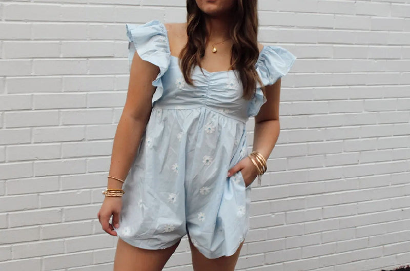 Flower Embroidery Ruffle Romper