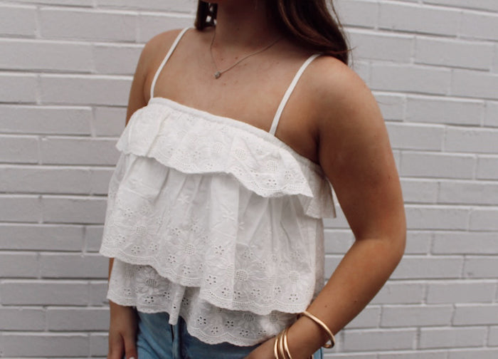 White Tiered Ruffle Eyelet Top