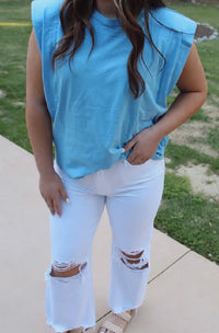 Blue Padded Shoulder Top