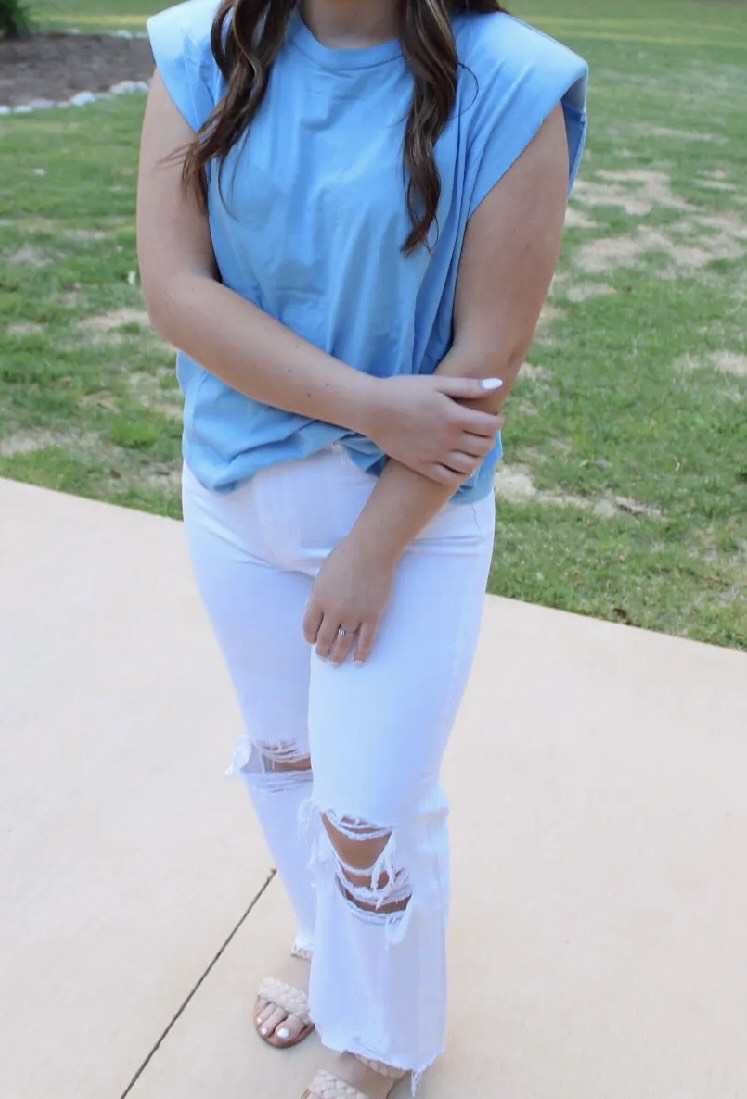 Blue Padded Shoulder Top